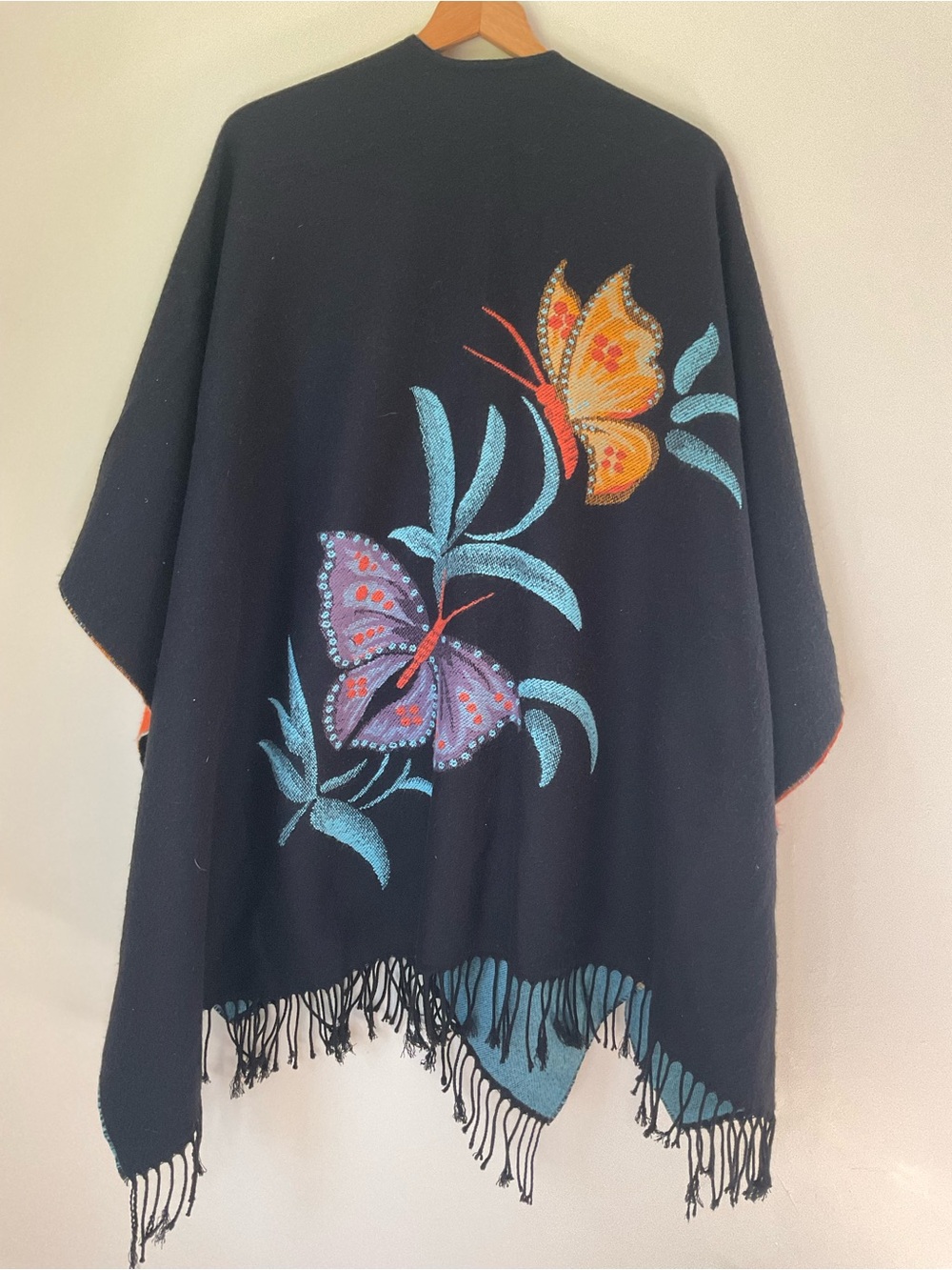 Embroidered Butterfly Black Fringe Poncho